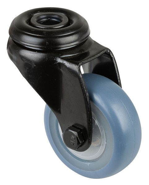 BS Rollen Lenkrolle schwarz, thermoplastisches Gummirad hellblau, Felge natur, Kugellager, Rückenloch, Durchmesser: 50 mm, VE: 8 Stück, A801.A85.050.05