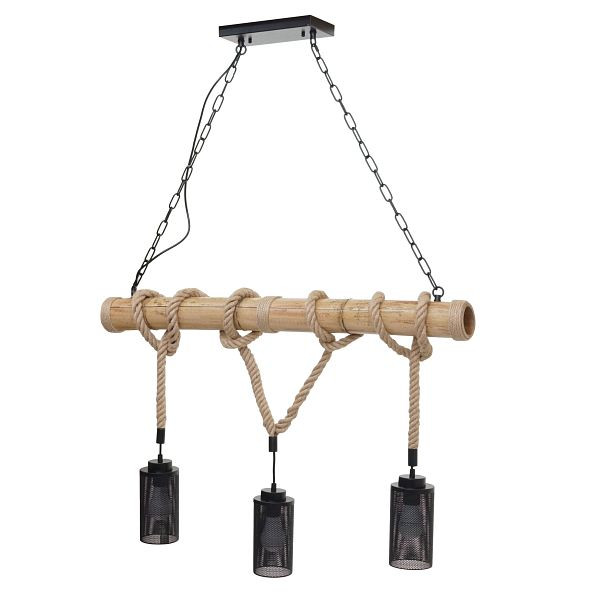 Mendler Pendelleuchte HWC-H82, Hängelampe Hängeleuchte, Industrial Vintage Bambus Seil Metall schwarz, 3x Rohrlampenschirm, 74205