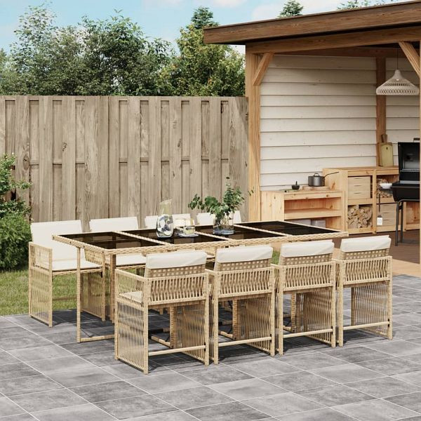 vidaXL 9-tlg. Garten-Essgruppe mit Kissen Beige Poly Rattan, 3211642