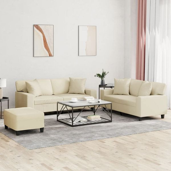 vidaXL 3-teilig Sofagarnitur mit Kissen Creme Kunstleder, 3201930