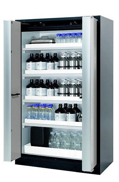 asecos Sicherheitsschrank Q-PHOENIX-90, Q90.195.120.FD in lichtgrau RAL 7035 mit 4x Wannenboden Standard (Polypropylen), 32149-041-30014