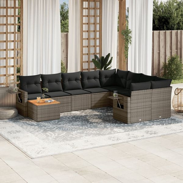vidaXL 10-teilig Garten-Sofagarnitur mit Kissen Grau Poly Rattan, 3224730