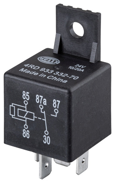 HELLA Relais, Arbeitsstrom, 24V, 5-polig, Schaltbild: W2, Stecker: B1, Öffner/Schließer/Wechsler, Farbe: schwarz, mit Halter, 4RD 933 332-701