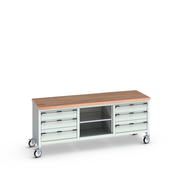 bott cubio Kastenwerkbank mobil 6 Schubladen, Ablage, Rotbuche-Arbeitsplatte, BxTxH: 2000x750x840mm, RAL 7035/7035, Lichtgrau, 41002131.16V