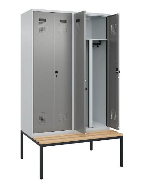 C+P PSA Doppel-Spind Evolo PLUS, Bank, 4 Abteile, 2120x1200x815mm, 7035/0004, Drehriegel, Sitzfläche Buche-Hartholz, Sitzbank, 0490527-40P S10014