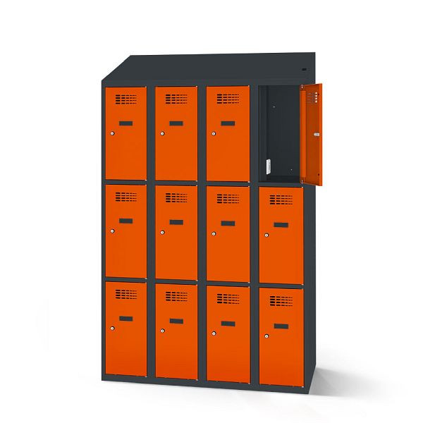 Rotstahl Fächerschrank, 12 Fächer, kurzer Sockel, mit Ladefunktion, Schrägdach, Korpus: anthrazitgrau, Türen: reinorange, 2180-040300-1201112-7016-2004