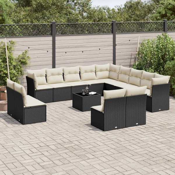 vidaXL 14-teilig Garten-Sofagarnitur mit Kissen Schwarz Poly Rattan, 3218496