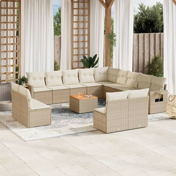 vidaXL 14-teilig Garten-Sofagarnitur mit Kissen Beige Poly Rattan, 3257150