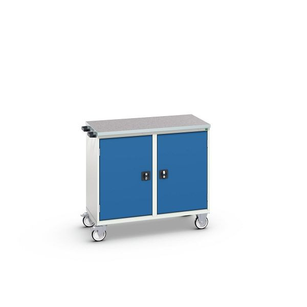 bott verso Montagewagen, mit 2 Türen, Fachböden und Linoleum-Top, BxTxH: 1050 x 600 x 980 mm, Lichtgrau / Enzianblau, 16927140.11