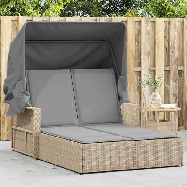 vidaXL Doppel-Sonnenliege mit Dach und Auflagen Beige Poly Rattan, 365811