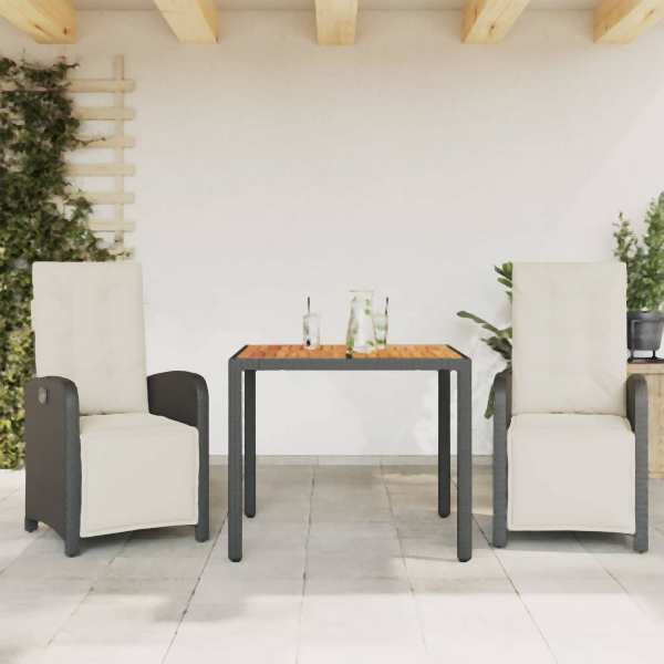 vidaXL 3-tlg. Bistro-Set mit Kissen Schwarz Poly Rattan, UV-beständig, 3212468