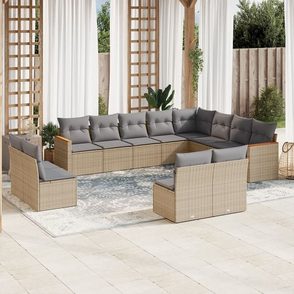 vidaXL 12-teilig Garten-Sofagarnitur mit Kissen Beige Poly Rattan, 3258874