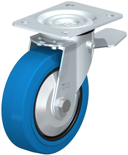 Blickle LE-POEV 160XR-ST-SB-FA Stahlblech-Lenkrolle mit Anschraubplatte & Feststeller, Elastik-Vollgummi, Blau, 850162