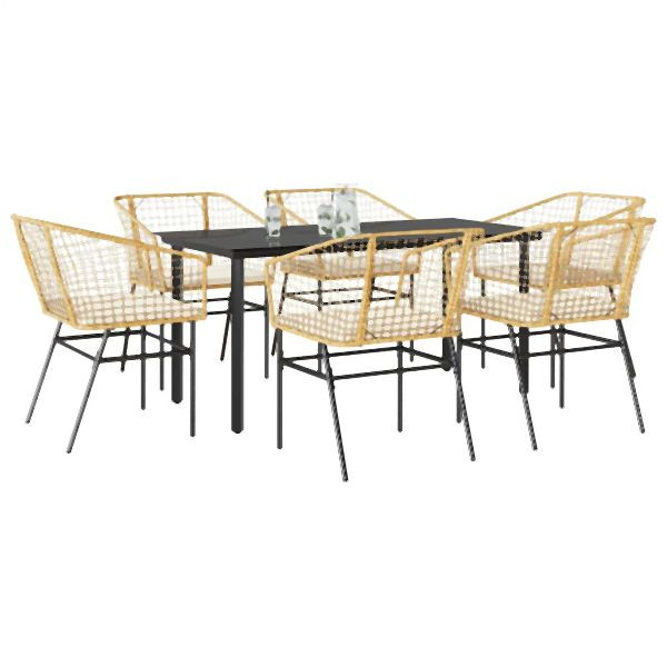 vidaXL 7-teilig Garten-Essgruppe mit Kissen Braun Poly Rattan Glas, 3334608