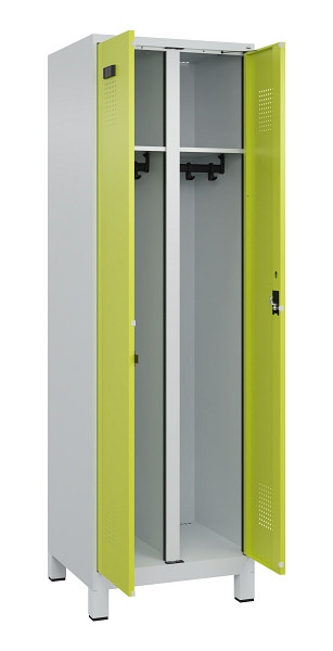 C+P Schwarz-Weiß-Spind Evolo PLUS, mit Füßen, 2 Abteile, 1950x600x500mm, 7035/0, Frontfarbe 1108060 RDS Clowngrün, Zylinderschloss, 049012-20 S10042