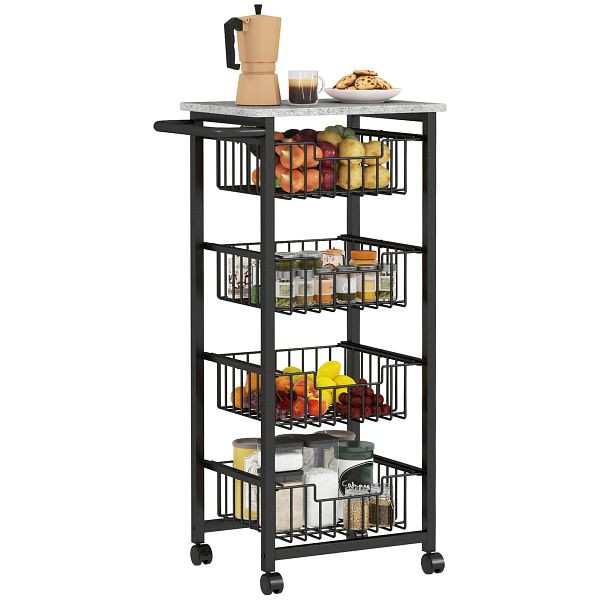 HOMCOM 4-stufige Küchenwagen auf Rädern, Rollbarer Servierwagen, Küchen-Trolley mit 4 Stahlkörben, Servierwagen, 801-379V01LG
