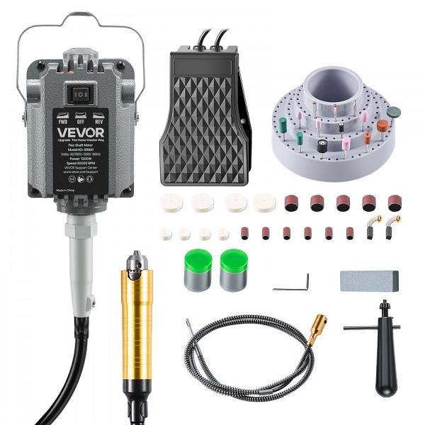 VEVOR Elektrische Drehwerkzeug 1200W, 30.000 U/min, mit Flexshaft, Pedalsteuerung, Hängemühle & 112-tlg. Zubehörset, DDDMJ1200WYXZY4MH001V2