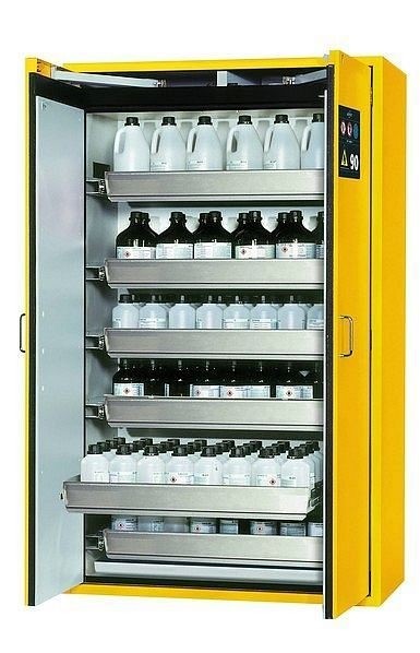 asecos Sicherheitsschrank S-CLASSIC-90, S90.196.120.WDAS in sicherheitsgelb RAL 1004 mit 6x Auszugswanne Standard (Edelstahl), 30116-002-30154