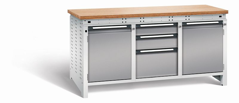 Otto Kind Werkbank Serie function Typ 310, Multiplexplatte 40 mm, bündig, 2x Unterbau + mittleres Feld, Gehäuse RAL 7035, Front RAL 7037, 072365167