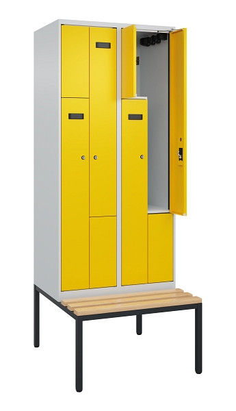 C+P Z-Spind Evolo PLUS, Bank, 4 Fächer, 2120x800x815mm, 7035/1023, Zylinderschloss, Sitzfläche Buche-Hartholz, Sitzbank, 0490537-224 S10025