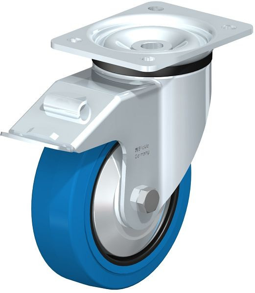 Blickle LK-POEV 160K-FI-SB-FA Stahlblech-Lenkrolle, schwere Ausführung, mit Anschraubplatte & Feststeller, Elastik-Vollgummi, Blau, 750360