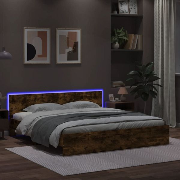 vidaXL Bettgestell mit Kopfteil und LED-Beleuchtung Räuchereiche, 3207585