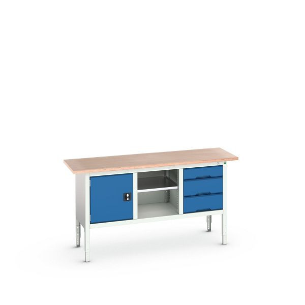 bott verso Kastenwerkbank (Multiplex-Platte) 3 Schubladen, 1 Tür und 1 Ablageboden, BxTxH: 1750 x 600 x 830 - 930 mm, Lichtgrau / Enzianblau, 16923020.11