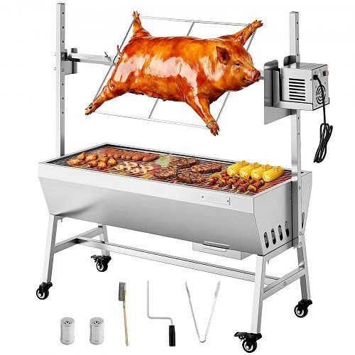 VEVOR Drehspießgrill 38W Spanferkelgrill 94 cm, 60 kg Tragkraft, Edelstahl, Höhenverstellung, mit Rädern, Outdoor Camping, PZSHLK37INCHKRE4E001V2