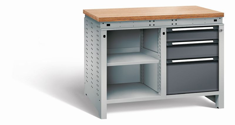 Otto Kind Werkbank Serie function Typ 212, Multiplexplatte, bündig, 2x Unterbau, 1x Zentralverschluss, Gehäuse RAL 9006, Front RAL 7016, 07234214S