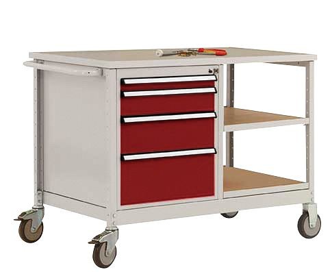 Manuflex Mobile Werkbank Modell 1 mit geölter Multiplex-Abdeckplatte 30 mm BxTxH 1135 x 590 x 810 mm, rubinrot, MW2001.3003