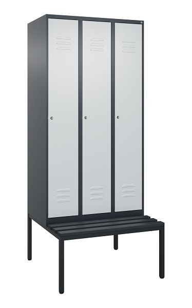 C+P Umkleidespind Classic PLUS, mit untergebauter Sitzbank, 3 Abteile, 2120x900x815mm, 7016/7035, Zylinderschlösser, 0800507-30 S10027