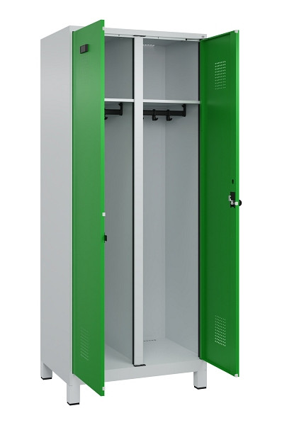 C+P Schwarz-Weiß-Spind Evolo PLUS, mit Füßen, 2 Abteile, 1950x800x500mm, 7035/6, Frontfarbe RAL 6037 Reingrün, Drehriegel, 049012-22 S10011