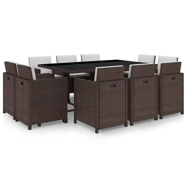 vidaXL 11-teilig Garten-Essgruppe mit Auflagen Poly Rattan Braun, 42548