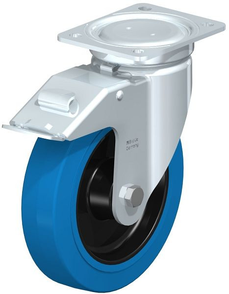 Blickle LU-POEV 200XR-FI-SB Stahlblech-Lenkrolle, schwere, geschlossene Ausführung, mit Anschraubplatte & Feststeller, Elastik-Vollgummi, Blau, 851623