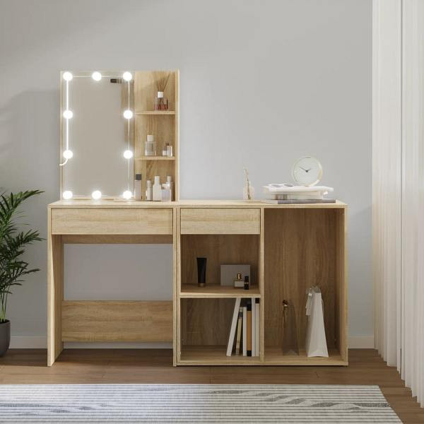 vidaXL LED-Schminktisch mit Schrank Sonoma-Eiche Holzwerkstoff, 3082020