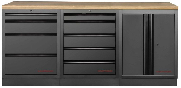 Kraftwerk MOBILIO BLACK EDITION 3er Unterschrank-Kombi, 9 Schubladen, 1 Schrank, Arbeitsplatte Buche Multiplex, 3964K-BLK-001