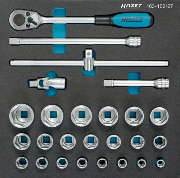 Hazet Steckschlüssel Satz, Vierkant hohl 12,5 mm (1/2 Zoll), Außen-Sechskant-Tractionsprofil, Anzahl Werkzeuge: 26, 163-102/27