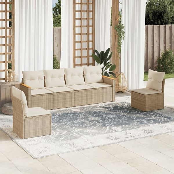 vidaXL 6-teilig Garten-Sofagarnitur mit Kissen Beige Poly Rattan, 3225862