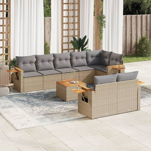 vidaXL 9-teilig Garten-Sofagarnitur mit Kissen Beige Poly Rattan, 3226997