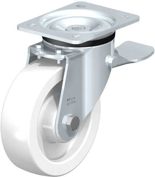 Blickle LK-SPO 160G-ST Stahlblech-Lenkrolle, schwere Ausführung, mit Anschraubplatte & Feststeller, Polyamid, Weiß, 852851