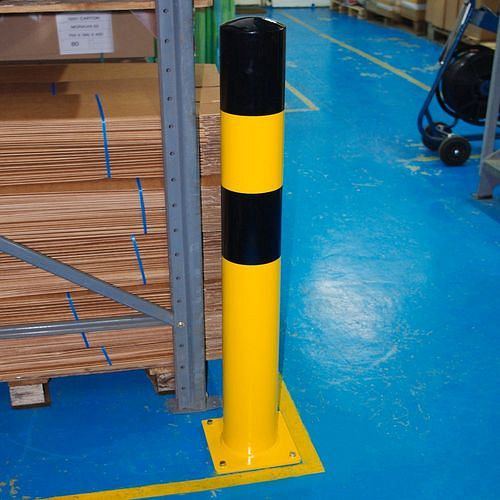 Moravia Rammschutz-Poller, gelb beschichtet, schwarze Streifen, zum Aufdübeln mit Bodenplatte, Ø: 90 mm, 311073