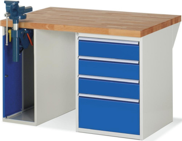 Deskin XXL-Werkbänke - 4 Schubladen 3x150, 1x270 mm, Buche-Massiv-Arbeitsplatte, 1250 x 700 x 840 mm, 278515