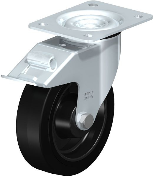 Blickle LE-POEV 160XR-FI Stahlblech-Lenkrolle mit Anschraubplatte & Feststeller, Elastik-Vollgummi, Schwarz, 850155