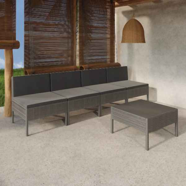 vidaXL 5-tlg. Garten-Lounge-Set mit Auflagen Poly Rattan Grau, 3094326