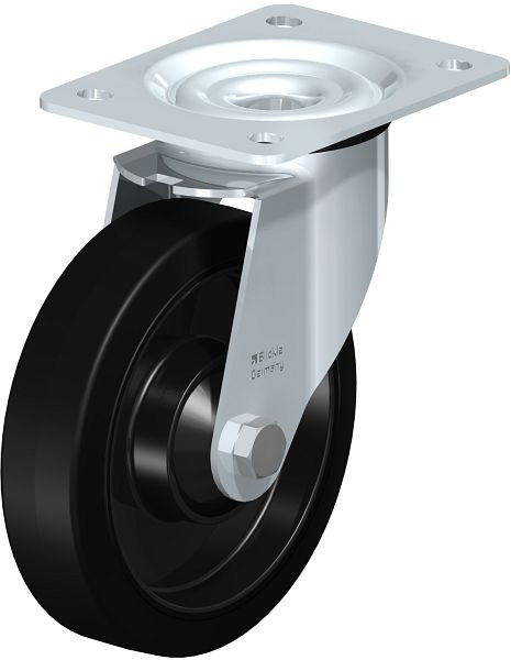 Blickle LE-POEV 161KD Stahlblech-Lenkrolle mit Anschraubplatte, Elastik-Vollgummi, Schwarz, 850140