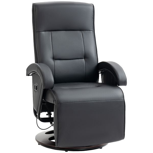 HOMCOM Drehbarer Polsterstuhl, Kunstleder, Fußstütze, Holzbasis, neigbar, Schwarz, 839-872V80BK