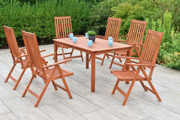 Merxx Vitoria Set 7-teilig, 6 Vitoria Klappsessel, Rückenlehne 5-fach verstellbar, 1 Tisch 150 x 90 cm, FSC Eukalyptusholz, 50185-011