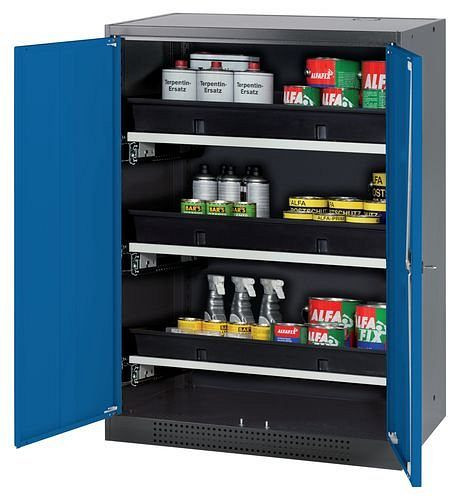 asecos Chemikalienschrank Systema-T CS-83, Korpus anthrazit, Flügeltüren blau, 3 Tablarauszüge, 208857