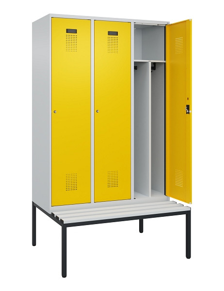 C+P Spind Evolo PLUS, 3 Abteile, 2120x1200x815mm, 7035/1023, Haken 4, Zylinderschloss, Sitzfläche Kunststoff, Sitzbank, Trennwand, 0490507-32F S10082