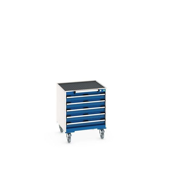 bott cubio Schubladenschrank mobil bestückt, mit 5 Schubladen, BxTxH: 650x650x785mm, RAL 7035/5010, Enzianblau, 40402027.11V